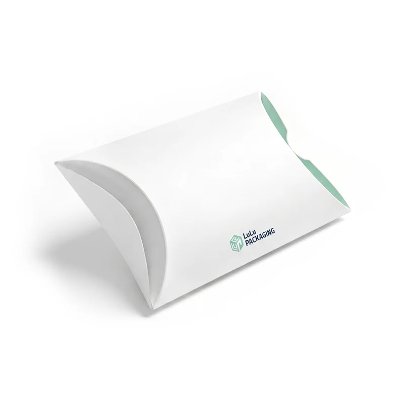Premium white pillow box with curved tuck-end flaps and LuLu Packaging logo for custom cosmetic packaging